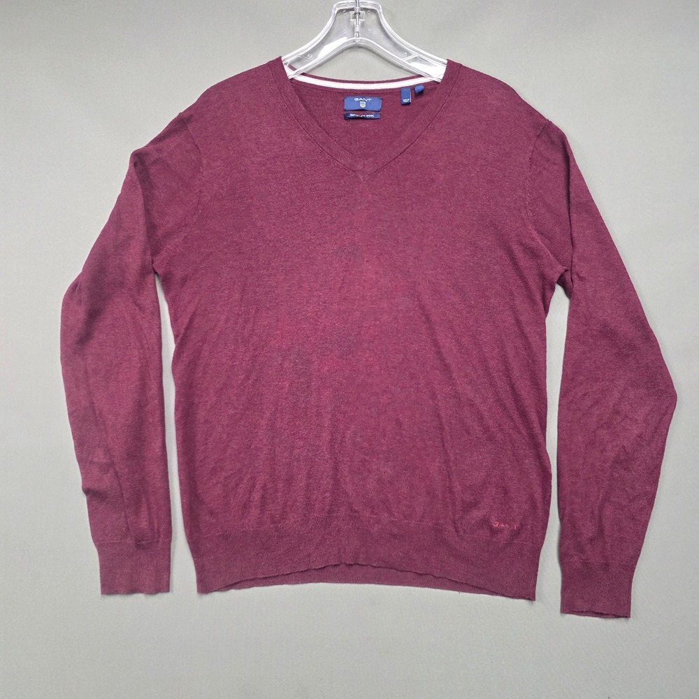 Gant Mens V-Neck Sweater Burgundy Cotton Silk Wool Blend Size M RN 0101293